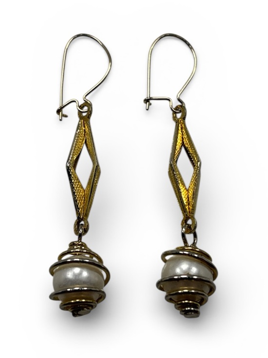 Jewelry - Vintage Art Deco Pearl Dangle Earrings Mid Century Geometric Gold Tone Drop MCM
